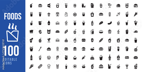 Collection of 100 diverse food and drink icons representing various culinary items and beverages