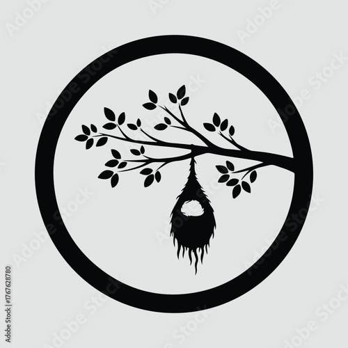 Silhouette bird nest hanging from tree branch inside circle Vector illustration
