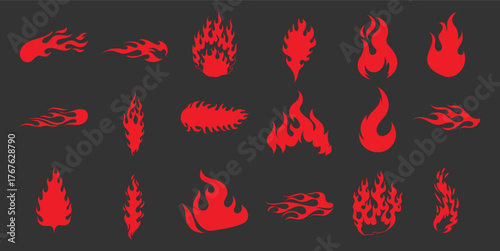 Collection of Red Flame Graphics and Fire Icons on Dark Background