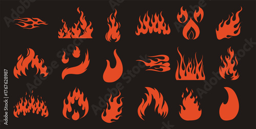 Collection of stylized orange flame icons on a black background