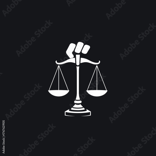 A white fist holding scales of justice against a black background.