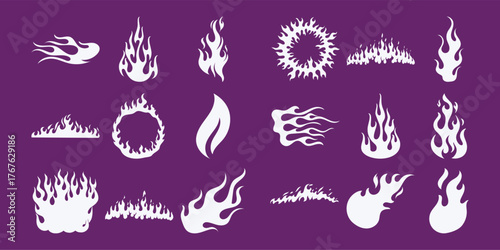 Collection of White Flame Icons and Graphics on Purple Background