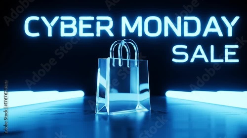 Futuristic glowing glass shopping bag rotating with neon blue lights,Cyber Monday tech sale concept 