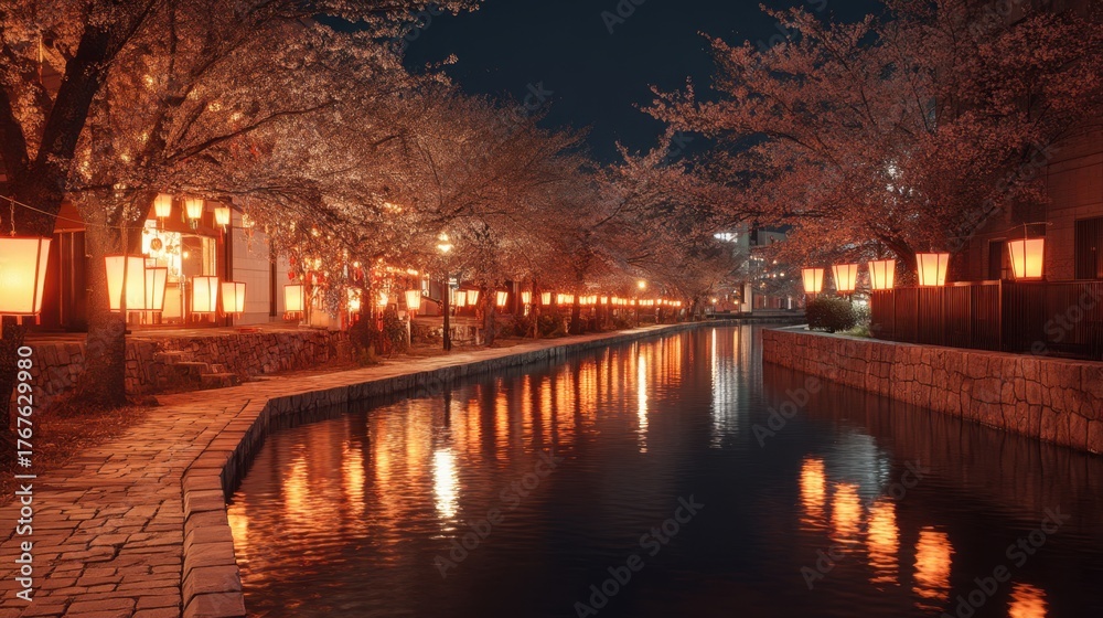 Obraz premium Traditional japanese paper lanterns on a paved stone pathway by a canal at night with reflection in water. Asian festival celebration.