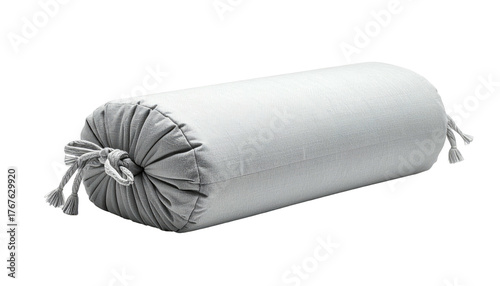 Gray bolster pillow with tied ends, resting on dark background