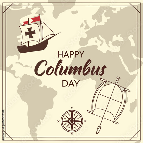 Celebrate Columbus Day with Nostalgic Nautical Charm, Featuring a Classic Ship and Vintage Map for Historical Projects and Festive Designs
