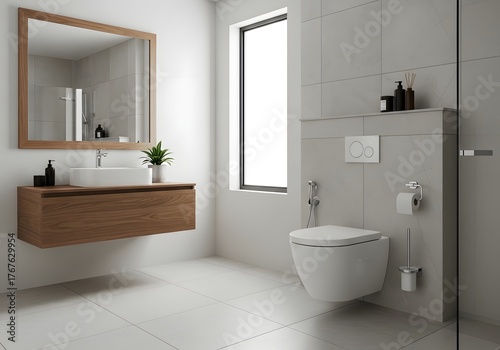Modern Bathroom Interior Design with Floating Vanity, Toilet, Mirror, Shower, and Decor.