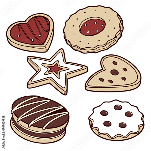 Sweeten Your Designs with this Adorable Assortment of Cookies featuring Hearts, Stars, and Chocolate Drizzles perfect for holiday cards and treat themes