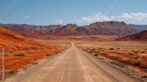 Long gravel road winding through a vast desert landscape with rugged red rock mountains under a clear blue sky. Travel and adventure concept.