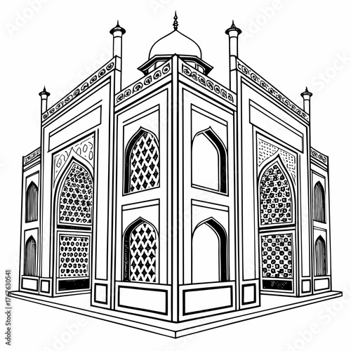 Stunning line art of iconic Taj Mahal architecture, perfect for travel posters and cultural design projects, originally created as scalable vector art