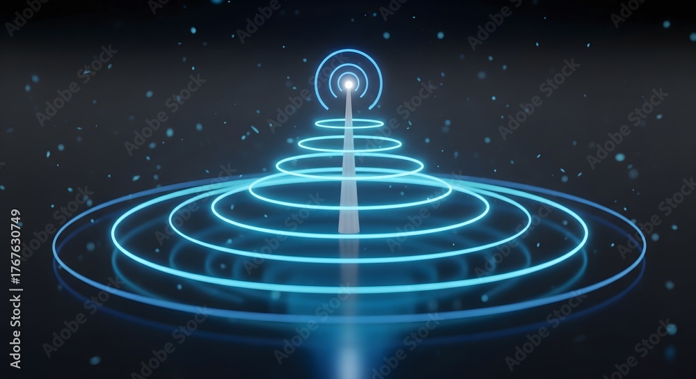 Fototapeta premium 3D render of a wireless communication tower transmitting blue neon signal waves against a dark, futuristic background concept