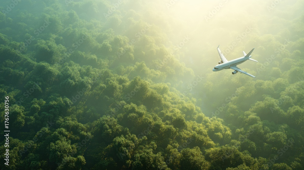 Fototapeta premium White passenger airplane flying above a dense green forest or jungle with bright sunlight shining through the mist. Global travel concept.