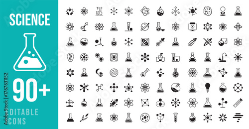 Collection of over ninety editable science icons and symbols for research and education
