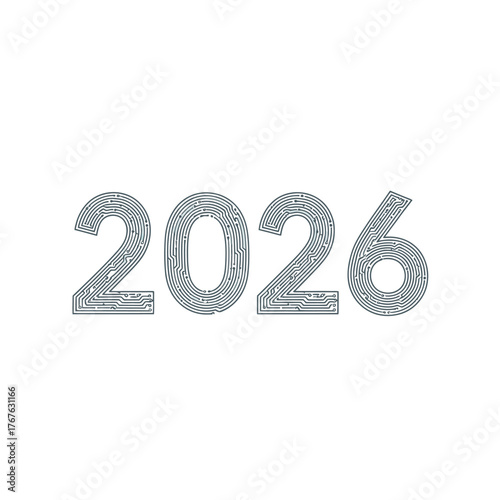 Stylized 2026 Numerals with Circuit Board Pattern on White.