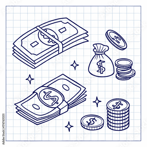Money doodles conjure financial success and prosperity, perfect for business, finance, and wealth management themes in a fun, hand-drawn style