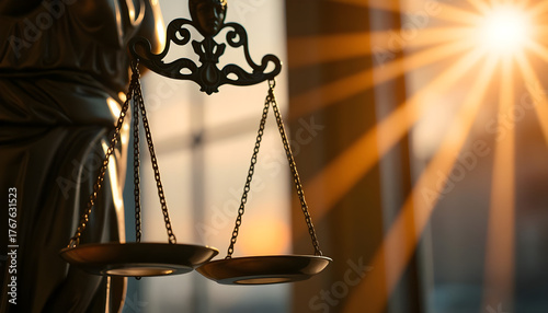 Justice statue with scales close up with sunset rays from the window in the background with space for text or inscriptions