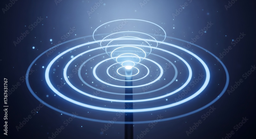 Fototapeta premium Digital data signal propagation visualized with glowing blue concentric rings on a dark background, representing wireless connection and technology.