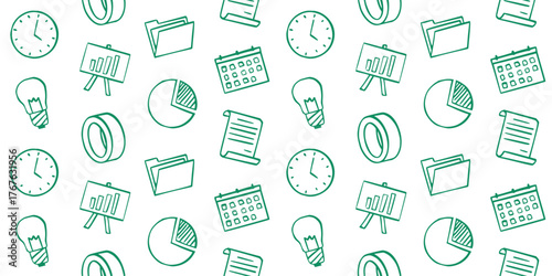 Seamless Business and Time Management Doodle Pattern. Outline Vector Illustration of Planning, Data, and Idea Icons: Clock, Calendar, Chart, and Light Bulb for Corporate and Finance Backgrounds