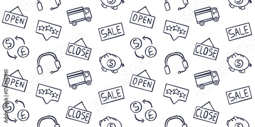Seamless Retail and E-commerce Doodle Pattern. Outline Vector Illustration of Store Icons: Open, Close, Sale, Delivery Truck, and Customer Support for Business and Marketing Backgrounds