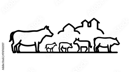 Silhouettes of farm animals. Rural landscape with cow, horse and pig. Village panorama for poster. Farmer house and livestock icon
