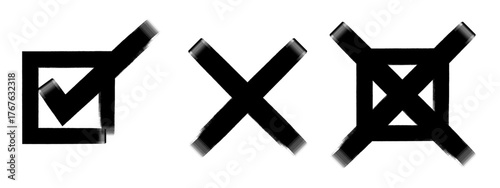 Black Brush Stroke Check Mark and Cross Icons Set – Hand-Painted Approval and Rejection Symbols, Artistic Grunge Style for Surveys, Voting, To-Do Lists, UI Design, and Creative Illustrations