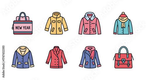 Stylish winter fashion icons set featuring coats and accessories in pastel co…
