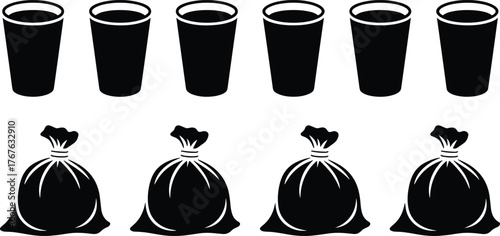 Black Silhouettes of Drinking Glasses and Garbage Bags in Horizontal Rows for Sorting, Matching, Categorization, and Educational Vector Design