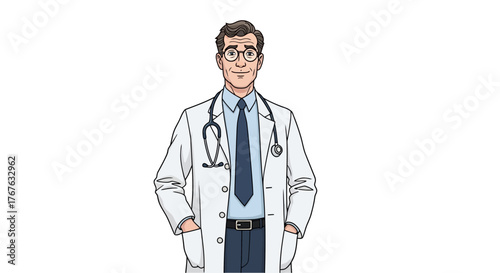Cartoon illustration of a smiling male doctor wearing a white lab coat, stethoscope, glasses, and a tie, standing with hands in pockets.