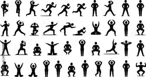 Set of 40 black silhouette human poses showing dynamic movements, fitness stances, yoga positions, and physical activity for vector design.