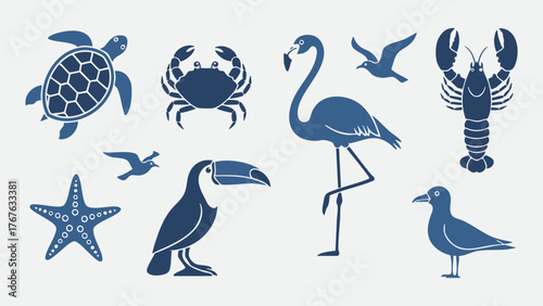 Tropical Marine Animal Silhouette Vector Illustration Set
