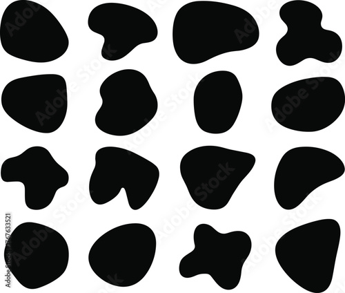 Sixteen Unique Irregular Black Abstract Shape Silhouettes in Grid Layout for Sorting, Matching, Educational, and Visual Discrimination Vector Design