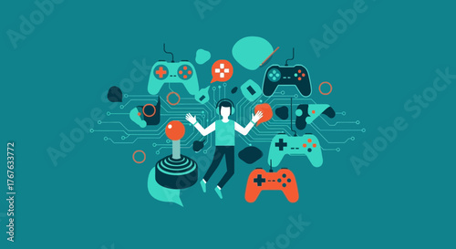 Flat design gaming illustration with central character surrounded by gamepads and joysticks