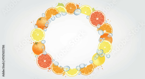 Fresh citrus fruit frame with oranges lemons and grapefruits with water drops background