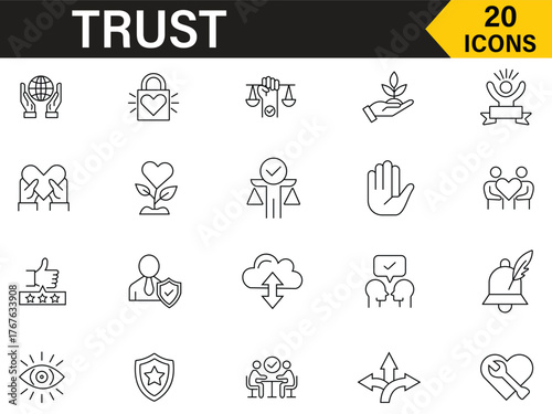 Trust icon set. Included icons as promise, friends, truth, credibility, honesty, love, and more. Set of 20 icons related to trust. Outline icon collection. Vector illustration.