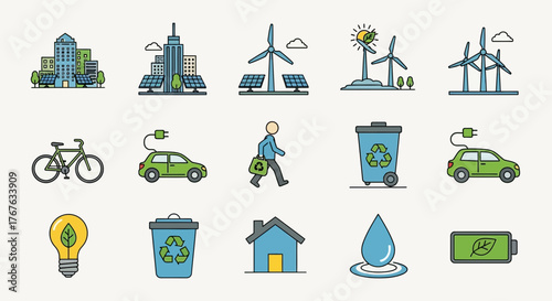 Illustrated environmentally friendly icons promoting sustainability and green energy solutions