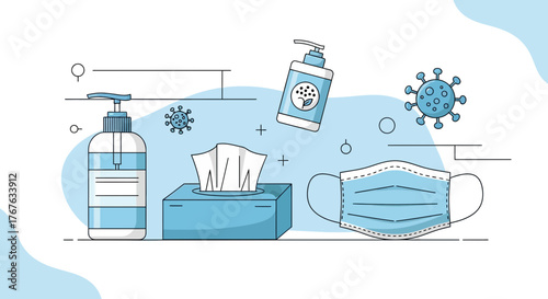 Illustrated safety essentials against viruses hand sanitizer tissues and mask for clean hygiene