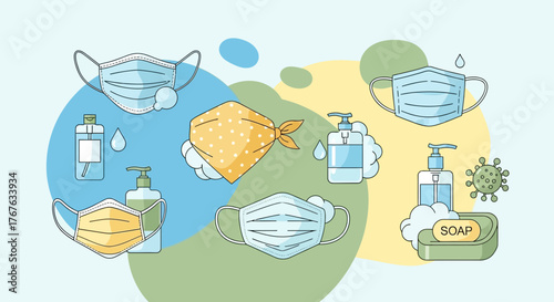 Illustrated set showcasing protective measures for health safety and virus prevention and awareness