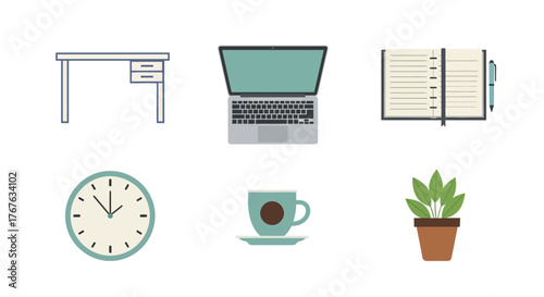 Minimalist office essentials: desk, laptop, notebook, clock, coffee, plant