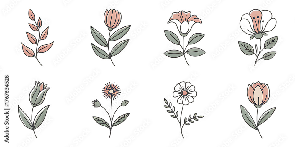 Set of eight minimalist floral illustrations with pastel colors on black