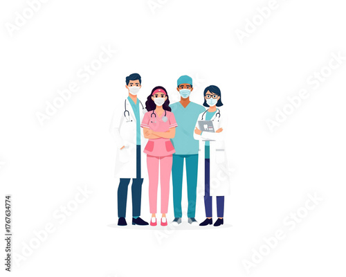 Kelompok bisnis orang berdiri sambil tersenyum di rumah sakit bersama dokter, perawat, dan anak memegang banner