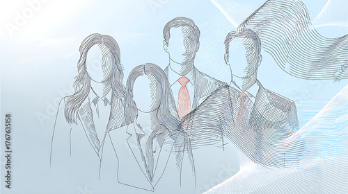 Abstract line art of a cross - cultural business team with diverse skin tones in soft gray - blue, minimalist design for text overlay