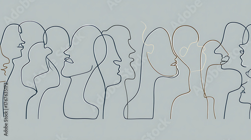 Abstract line art of a cross - cultural business team with diverse skin tones in soft gray - blue, minimalist design for text overlay