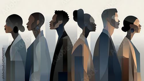 Abstract line art of a cross - cultural business team with diverse skin tones in soft gray - blue, minimalist design for text overlay