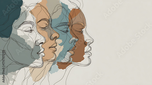 Abstract line art of a cross - cultural business team with diverse skin tones in soft gray - blue, minimalist design for text overlay