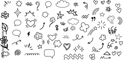 Collection of hand drawn doodle elements featuring hearts flowers stars leaves and abstract shapes for creative projects