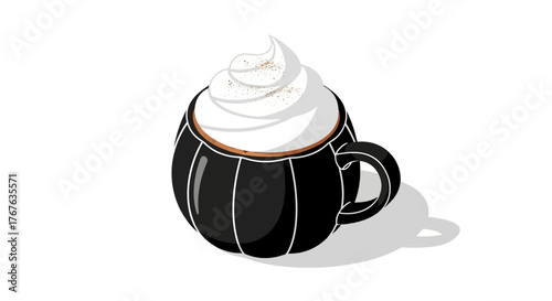 Creamy cappuccino in black mug with whipped topping