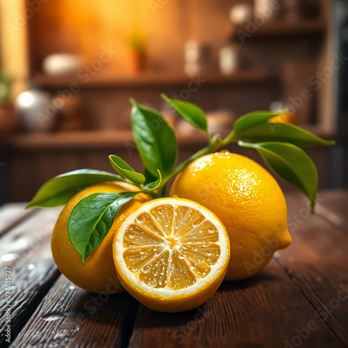 Limoni freschi con foglie verdi su tavolo di legno rustico. Generative AI