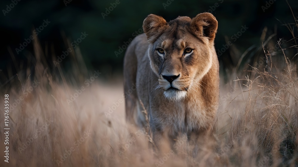 Naklejka premium A majestic lioness emerges from tall dry golden grasses her intense gaze fixed forward in the warm soft light of the late afternoon