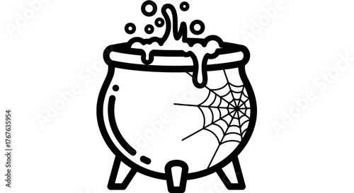 Black and white cauldron with cobwebs and bubbles for halloween design