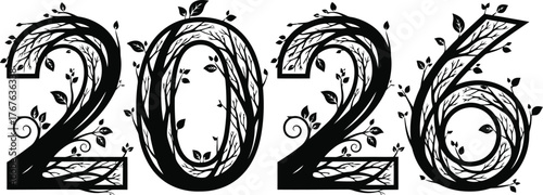 Elegant 2026 new year celebration silhouette art featuring intricate tree branches and lush green leaves in a nature inspired design